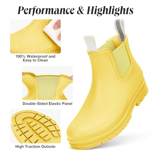 Women's Short Rain Boots Waterproof Ankle Chelsea Boots (7 / Yellow)