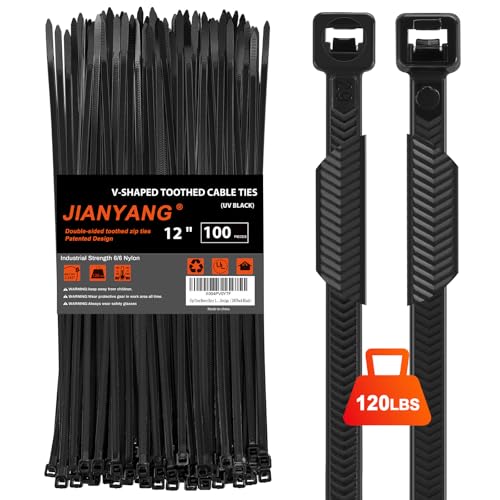 Zip Ties Heavy Duty 12 inch (12 Inch V Shaped 100 Pack （120 Lbs ） / Black)