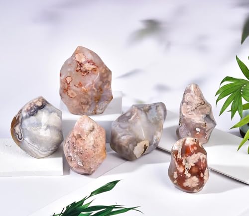1.5 2.2LBS Cherry Blossom Agate Flame Shaped Stone Tower Flower Natural Healing Crystal Quartz Obelisk with Reiki Energy for Home Office Decoration (Cherry Blossom Agate / 1.5-2.2 Pound)