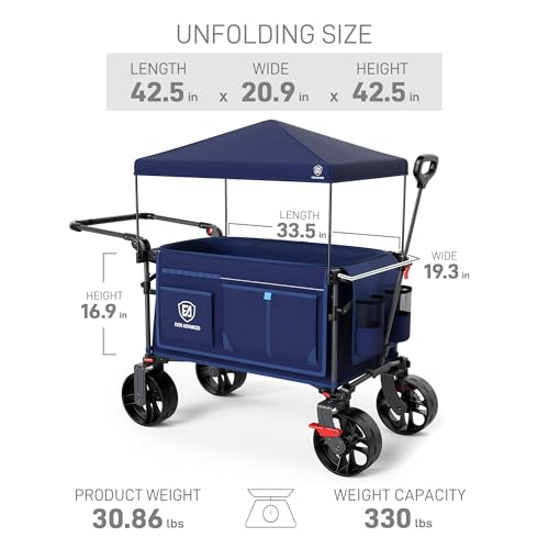 Folding Push Wagon with Canopy (Navy / Light Blue)