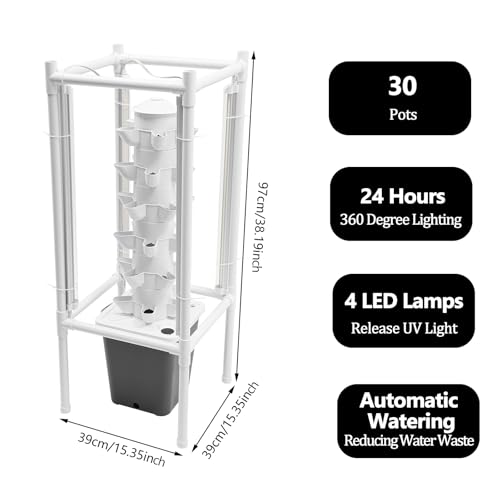 Hydroponics Tower Garden Kit 30 Plant Indoor with LED Grow Light (Gray)