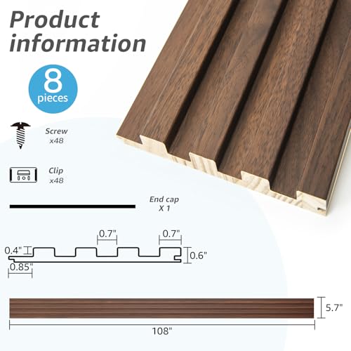 108 x 5.7 Inch Slat Wood Wall Paneling for Interior Decor (8Pcs-108 x 5.7 Inch / Slat Walnut)