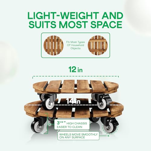 Combo 12 Inch and 14 Inch Acacia Wood Rolling Round Planter Caddies for Plant Pots (Round Wood Walnut / 12 + 14 Inch)