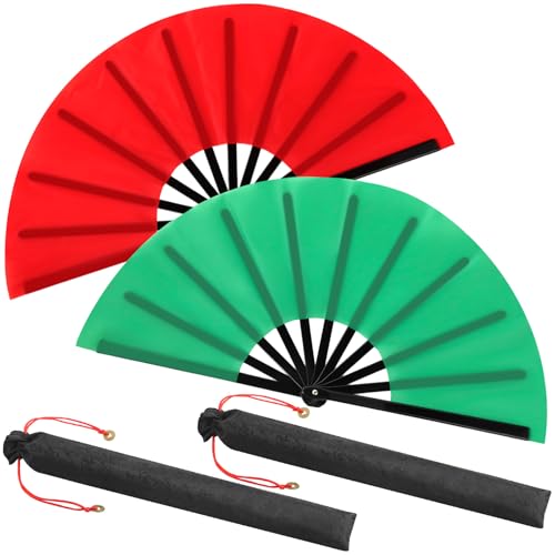 2 Packs Large Folding Hand Fans (Red and Green)