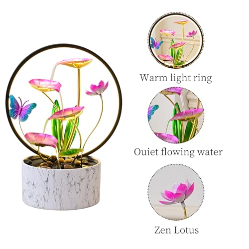 15 Inch H Tabletop Zen Water Fountain with LED Light (Pink Butterfly)