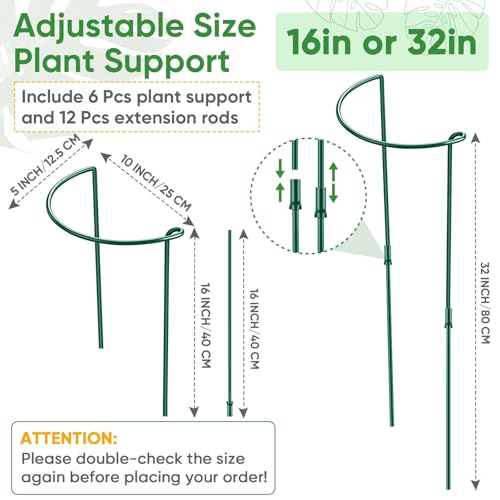 6 Pack 32 or 16 inch Adjustable Plant Support Stakes (Green - 6 Pack / 10" W x 31.8" H)