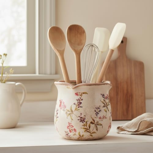 French Farmhouse Ceramic Flower Pot & Utensil Holder for Indoor (Cottage Meadow)