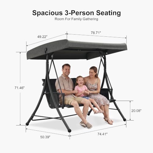 3 Seat Outdoor Porch Swing with Adjustable Canopy (Gray(textilene) / Porch Swing)