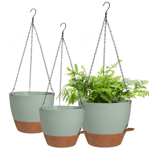 10/9/8 Inch Hanging Planter for Indoor Outdoor Plants, 3 Pack Self-Watering Hanging Pot with Drainage Holes Hanging Planter Baskets Plant Pots with Removable Tray (Green+Brown) (3 Count)