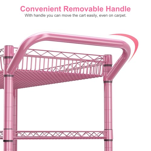 Pink Rolling Utility Cart with Wheels (Pink-3 Tier)