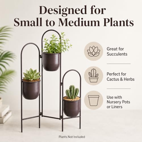 3 Tier Plant Stand with 3 Removable Metal Pots Indoor Outdoor Corner Plant Rack (35" H)
