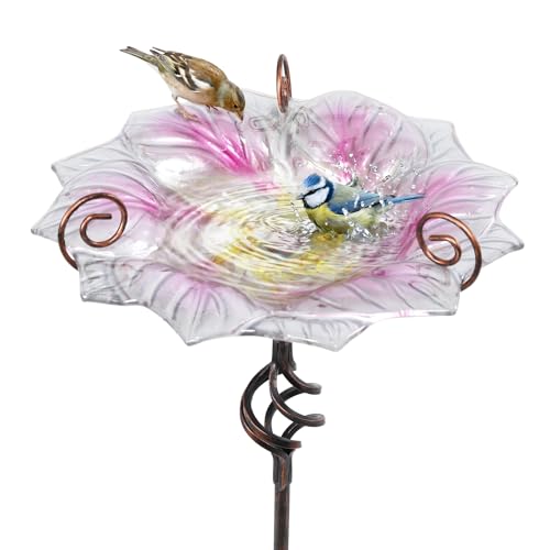 Glass Bird Bath Outdoor Bird Feeder with Metal Stake Garden Decor (Pink)