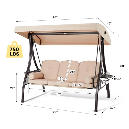 3 Seat Porch Swing with Adjustable Canopy (Khaki)