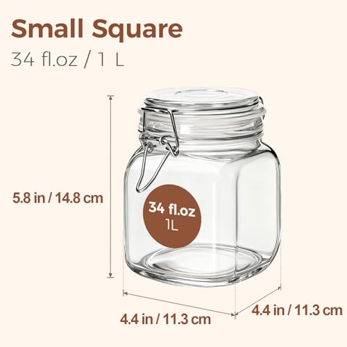 Square Glass Pantry Jars with Airtight Lids 34 oz 3 Pack Coffee (34 fl oz x 3)