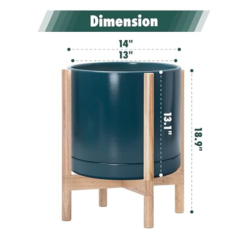 Ceramic Pot with Natural Wood Stand (14 Inch / Teal Pot + Natural Stand)