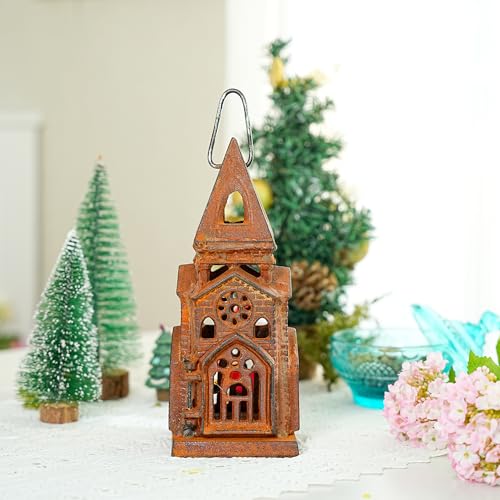 Cast Iron Church Lantern Candle Holder (Natural Rust - Church)