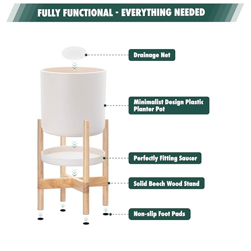 Plastic Pot with Natural Wood Stand (Oatmeal Pot + Natural Stand / 8 Inch)