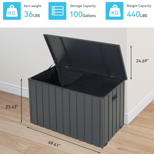 Outdoor Metal Storage Deck Box Waterproof 100 Gal Patio Pool Deck Box (Dark Grey)
