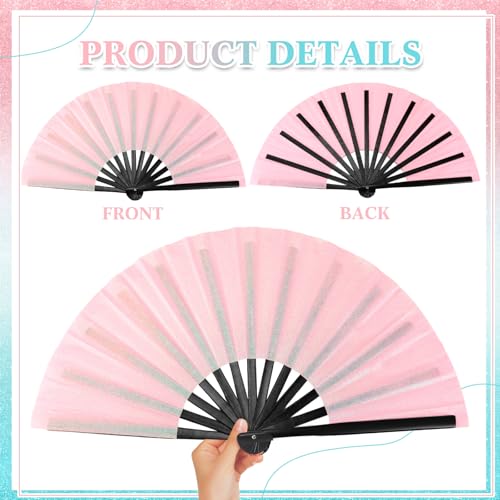 2 Packs Large Folding Hand Fans (Glitter Pink and Light Blue)