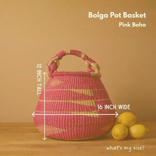 African Bolga Harvest Basket with Handle (Geometric Pink)