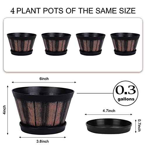 6 inch Brown Barrel Planters with Drainage Holes & Saucer (4 Count)