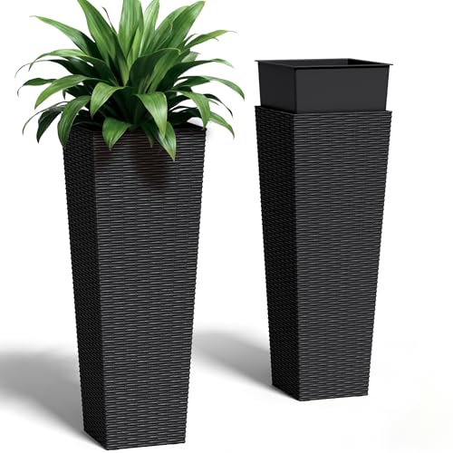 32 Inch Tall Plastic Planters with Rattan Texture (32" without Tray / Black)