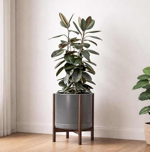 Ceramic Pot with Walnut Wood Stand (14 Inch / Grey Pot + Walnut Color Stand)