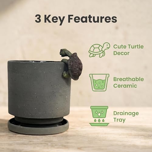Ceramic Plant Pot with Resin Figure for Idoor Plants (Charcoal Gray+rt / 5.7 Inch)
