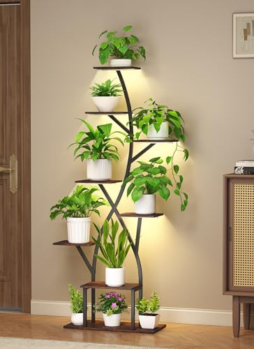Plant Stand Indoor with Grow Lights 65" Tall Plant Shelf Corner Lighted Plant Stands for Indoor Growing Multiple Metal 8 Tiered Large S (Black-65")