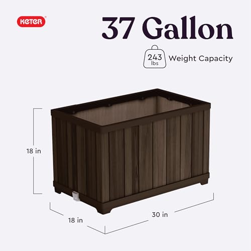 Signature 21.7 Inch Tall Rectangular Large Wood Look Planter for Indoor or Outdoor Flower Pot Ideal for Patio Deck and Front Porch Decor