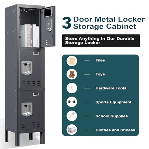 Metal Lockers (Grey / 3 Door-(66.15" H x 11.8" W x 11.8" D))