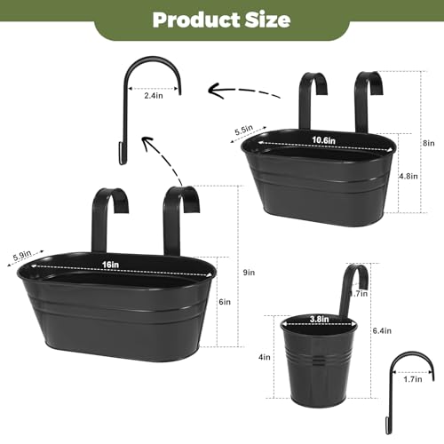 3 Different Size Metal Iron Hanging Flower Pots 10 Pcs for Outdoor Plants Metal Hanging Bucket Pots Iron Railing Fence Planter with Drainage Holes and Hooks for Porch Railing Balcony Fence (10 Count)