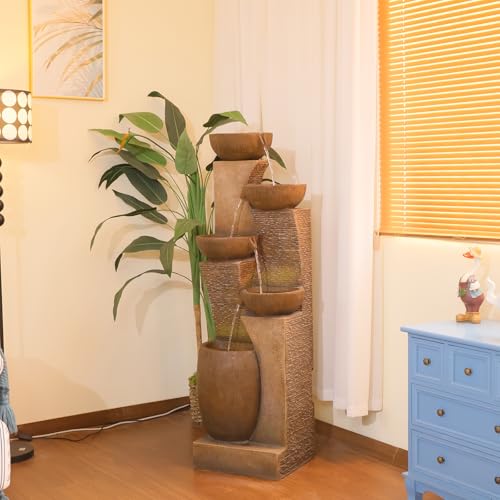 5 Tier Rustic Jar Water Fountain Outdoor with LED Lights (Brown51.4)