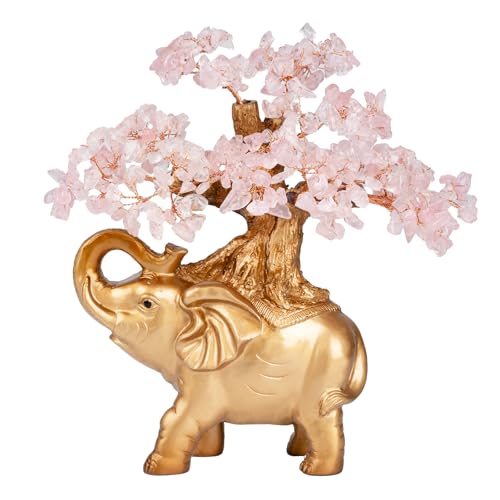 Rose Quartz Crystal Money Tree on Gold Mini Elephant Statue (Rose Quartz / 10 inches Tall)