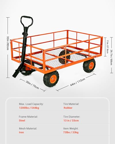 Heavy Duty Steel Garden Cart 1200 LBS Capacity 3 in 1 Pullable Garden Wagon with 13 in Wheels for Gardening Soil (Orange / 1200 lbs)