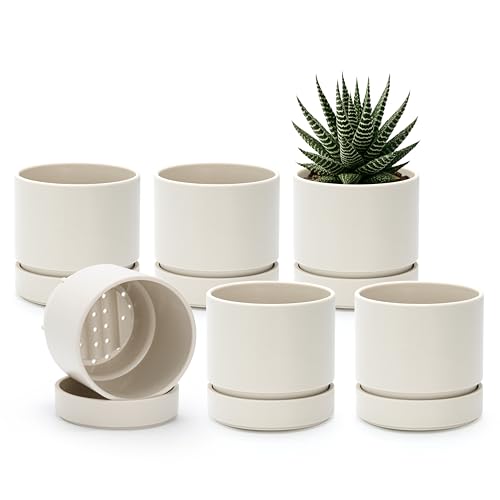 4 Inch Planter Pot with Drainage Hole & Saucer (4" (6 Pack) / Oatmeal)