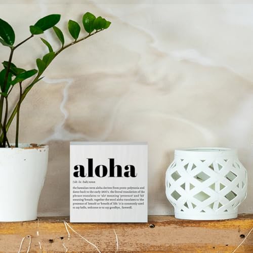 Aloha Definition Hawaii Rustic Home Office Decor Wooden Box Sign (White 1235 / Wooden box（5.1 x 5.1 inches）)