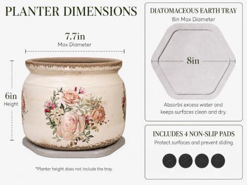 Shabby Chic Ceramic Plant Pots with Decorative Saucer (Pink / 7.7 in - w/ Saucer)