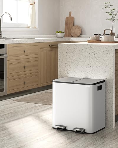 2 x 4 gal Stainless Steel Double Trash Can with Lid for Kitchen (Grayish-White / 2 x 4 gallon)