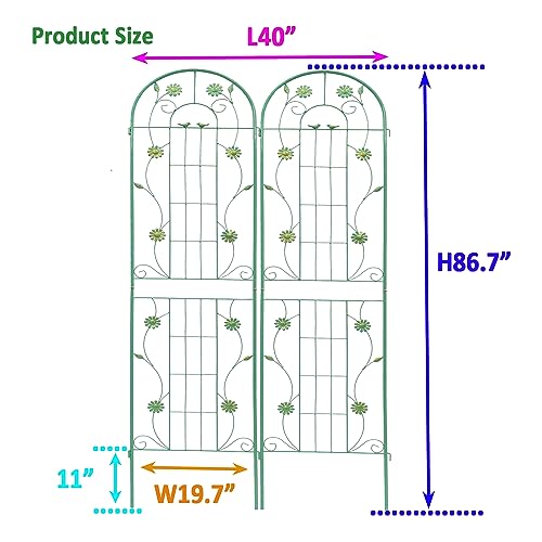 2 Pack Metal Garden Trellis 86.7" H Garden Fence Rustproof Trellis for Climbing Plants Support Roses Flower Outdoor Lawn Green (Green-2PCS-Flower / 86.7")