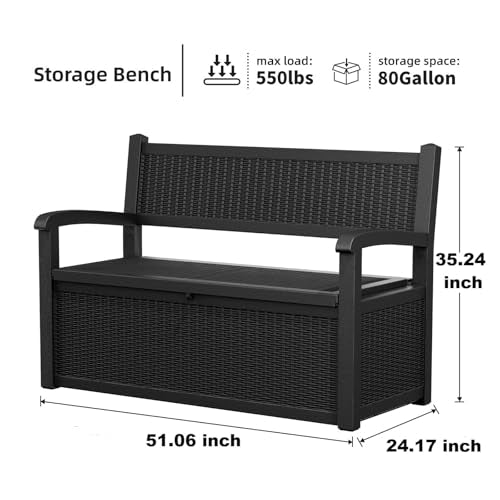 80 Gallon Outdoor Storage Bench Lockable Deck Box Outdoor Storage Box Waterproof for Patio (Black / 80 Gallon)