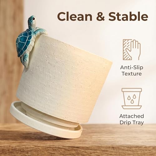 Ceramic Plant Pot with Resin Climbing Tortoise Figure (White+bt / 5.7 Inch)
