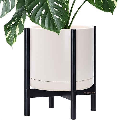 Ceramic Pot with Ebony Wood Stand (14 Inch / Oatmeal Pot + Ebony Stand)