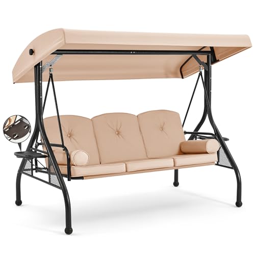 3 Seat Porch Swing with Adjustable Canopy (Khaki)