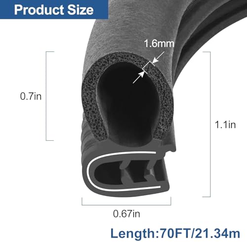 Automotive Door Weather Stripping 70Ft Car Door Rubber Edge Trim Seal Strip Gasket with Side Bulb for Car Bus Camper Boat RV Truck Doors (70Ft)