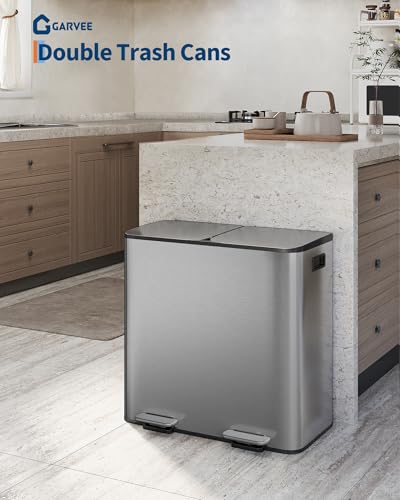 2 x 10.6 gal Stainless Steel Double Trash Can with Lid for Kitchen (Matte Grey / 2 x 10.6 Gallon)