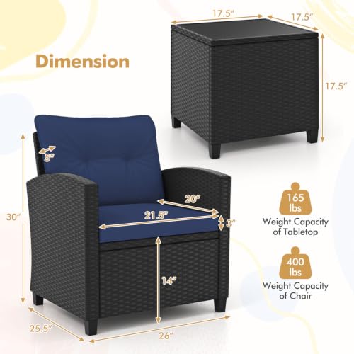 3 Pieces Wicker Patio Conversation Set (Black & Navy)