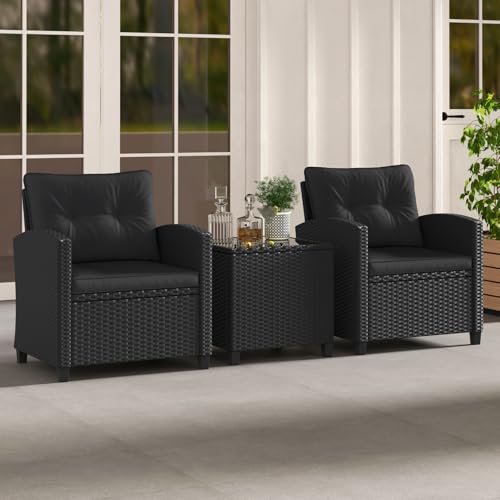 3 Pieces Wicker Patio Conversation Set (Black & Black)