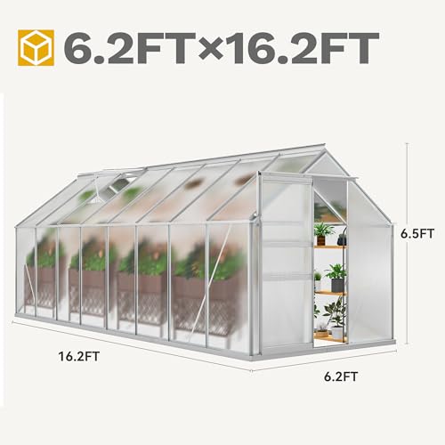 6x16FT Polycarbonate Greenhouse Heavy Duty Green Houses Outdoor Aluminum Greenhouses with Sliding Doors Vent Window Walk (Silver / 6x16FT)
