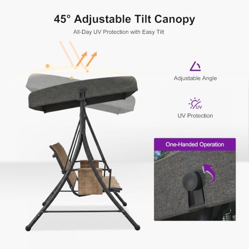 3 Seat Outdoor Porch Swing with Adjustable Canopy (Camel(textilene) / Porch Swing)